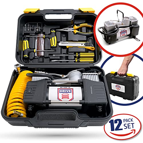 Air Pump and Tire Repair Kit – 12V DC Portable Air Compressor Tire Inflator with 150 PSI Gauge & Car Emergency Kit, Carry Case, Adaptors, Extension Hose, Car Plug & Tire Patch Kit by WE LOVE TO DRIVE - Thumbnail 2