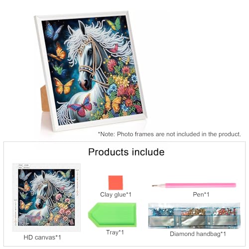 Image of 5D Special Shape Diamond Art Kits for Beginners, Diamond Art Painting Kits for Adults, Crystal Rhinestones Diamond Art Painting for Home Wall Decoration Gift 12x12 inch, White Horse Butterfly