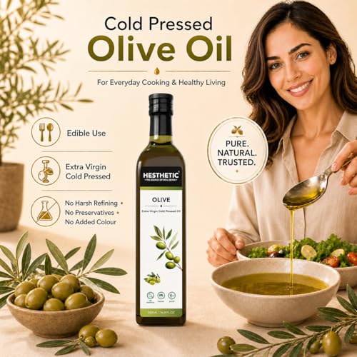 Image of HESTHETIC Premium Extra Virgin Olive Oil 500ml | Cold-Pressed Mediterranean-Sourced EVOO | Unrefined, Low-Acidity | Glass Bottle | Cooking, Salad & Finishing Oil