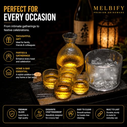 Image of Melbify Japanese Sake Set with Chiller Bowl | 6 Pcs Set | Bowl(600ml),Carafe(300ml) & 4 Cups(60 ml) | House Warming Gift New Home Ceremony | Sake's Glass | Serving Glass Gift