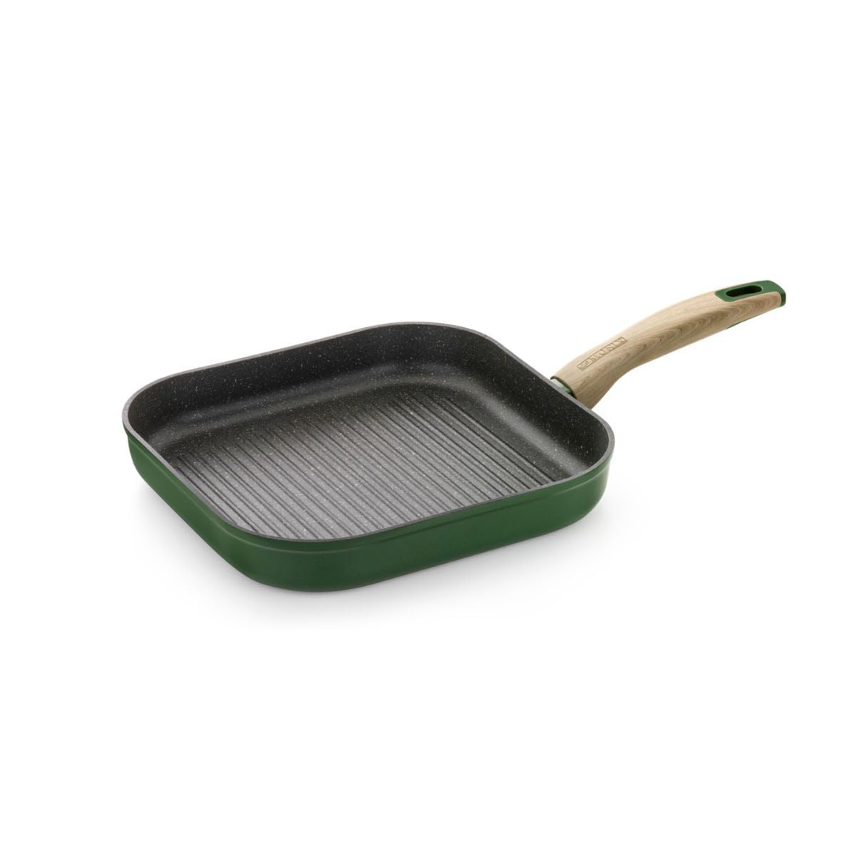 Monix Amazonia | Grill 28 cm con rayas, aluminio forjado, antiadherente tricapa, sin PFOA, fondo full induction, asas baquelita y recubrimiento soft touch efecto madera