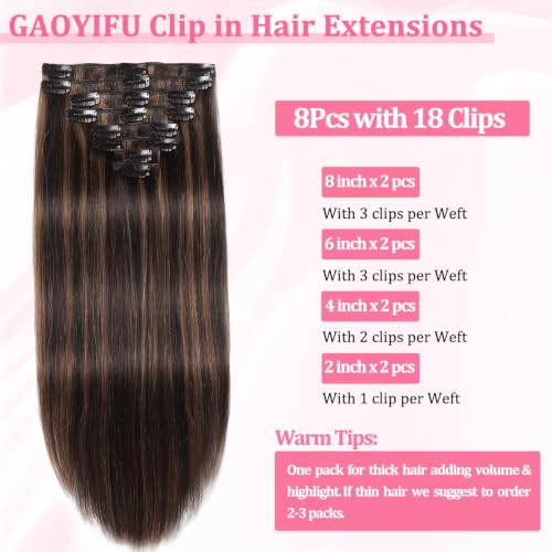 Image of Clip in Hair Extensions Real Human Hair Dark Brown Highlights for Women