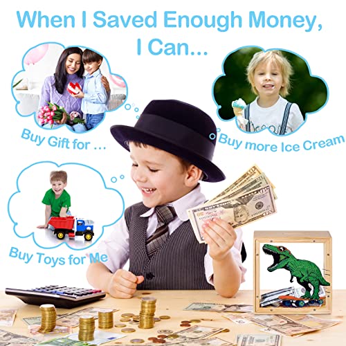 Image of ICOSY Piggy Bank for Kids, Wooden Framed Coin Bank | Personalized Money Box for Kids with DIY Name Alphabet Stickers and Clear Acrylic Window for Money Saving