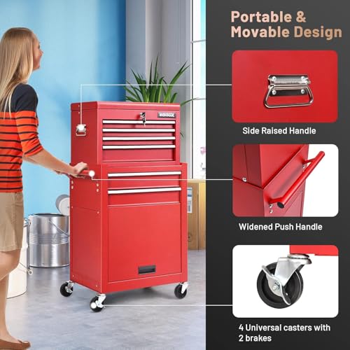 Image of Goplus 6 Drawers Tool Chest, 2-in-1 Rolling Tool Box with Universal Lockable Wheels, Protective Liner, Detachable, Auto Lock, Metal Tool Storage Cart, Heavy Duty Tool Cabinet for Garage Shop