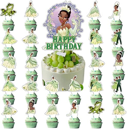 49Pcs Princess Tiana Party Cake Decorations, Princess Tiana Birthday Cupcake Toppers, Princess Tiana and the Frog Party Supplies