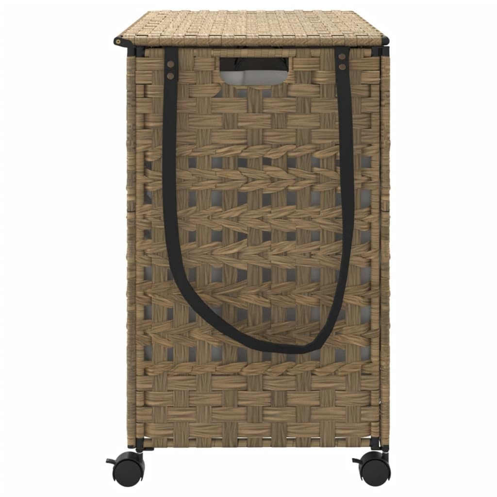 Wäschekorb mit Rollen aus Rattan 66 x 35 x 60 cm, handgewebt mit Deckel, 3 Fächer, Innenbeutel, Bremsrollen und Klappdesign für Bad, Schlafzimmer und Waschküche