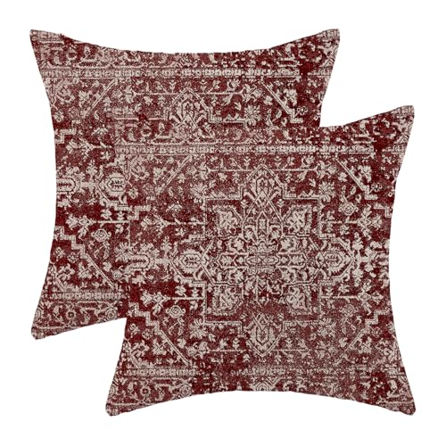 Jecuwo Boho Throw Pillow Covers 18x18 Inch Set of 2, Carpet Pattern Wine Red Decorative Throw Pillow Covers Christmas Burgandy Red Linen Outdoor Cushion Cover for Sofa Couch Farmhouse Room Bed Decor