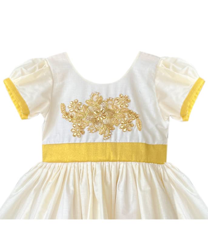 Image of Stanwells Kids Baby Girls Frocks Knee Length Birthday Net Flared Ruffle Pattern Sleeveless Traditional Embroidery Western Frock Princess Birthday Dress for Girls (Light Gold 6 Months-7 Years)