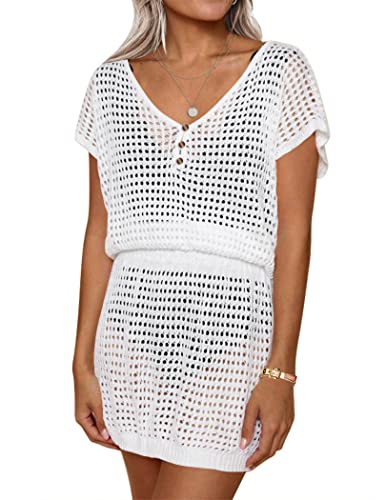 AOLRO Women's Swim Coverups Crochet Hollow Out Short Sleeve V Neck Beach Swimsuit Bathing Suit Cover Up Dresses S-XXL
