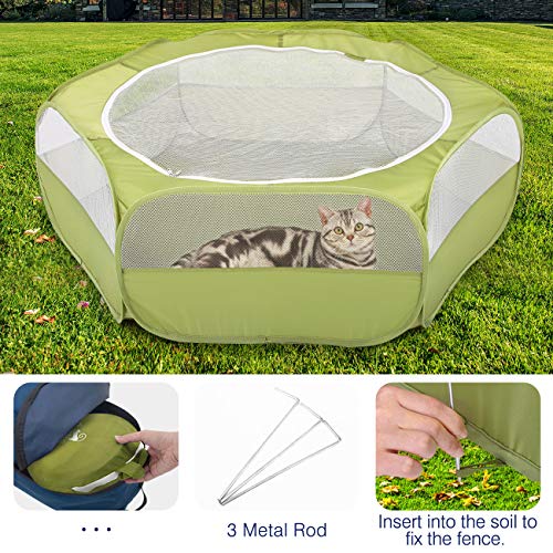 Pawaboo PXCWLGL-NYGL200421 Small Animals Playpen, Waterproof Small Pet Cage Tent With Zippered Cover, Portable Outdoor Yard Fence With 3 Metal Rod For Chick/Kitten/Puppy/Guinea Pig/Rabbits/Hamster/Chinchillas,Green thumb #4