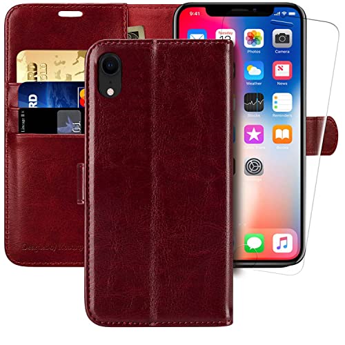 MONASAY Wallet Case Compatible for iPhone XR, 6.1-inch, [Glass Screen Protector Included] [RFID Blocking] Flip Folio Leather Cell Phone Cover with Credit Card Holder, Burgundy