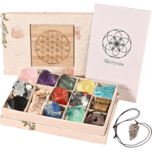 Alcrysia Set of 12 Raw Crystals and Healing Stones One Stone for Each Month Chakra Meditating and Energy Healing Stones DIY Necklace kit and Clear Quartz Necklace Handcrafted Gift for Women