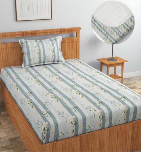 Image of NHD HOME Premium Microfiber Elastic Fitted Bedsheets with 1 King Size Pillow Covers | Single Mattress Bed with All Around Elastic 200 TC Supersoft | Size - 72 x 36 +6 inches | Sage Stripe