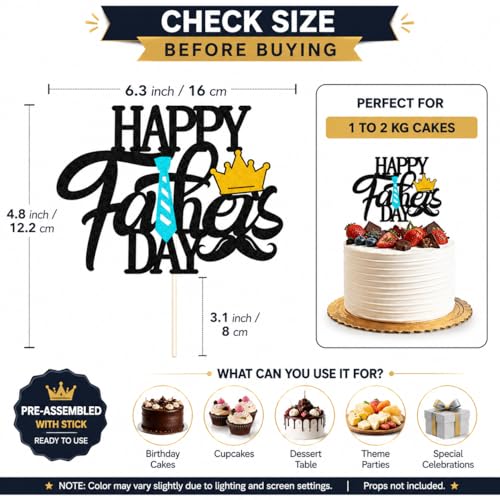 Image of Festiko Happy Father's Day Cake Topper for Dad Birthday Decoration, Best Dad Ever Cake Topper with Crown & Tie Design, Double Sided Black Glitter 350 GSM Party Supplies India