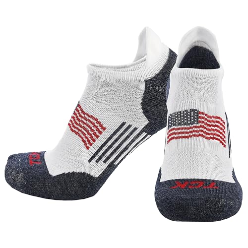 TCK USA No Show Socks for Men & Women - Cushioned Patriotic Low Cut Sock for Golf, Running, Training | Targeted Compression