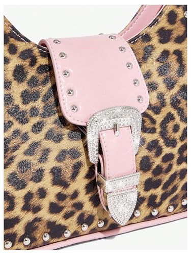 Verdusa Women's Y2K Leopard Rhinestone Leather Bag Chain Strap Studded Shoulder Bags4