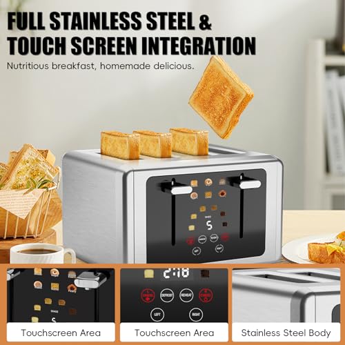 Image of WUNLY Smart Digital 4 Slice Toaster with Touch Screen, 1.5'' Extra Wide Slots for Bagel, Digital Countdown & Sound Control, 6 Bread Types & 6 Shade Settings, Defrost /Reheat /Standby, Stainless Steel