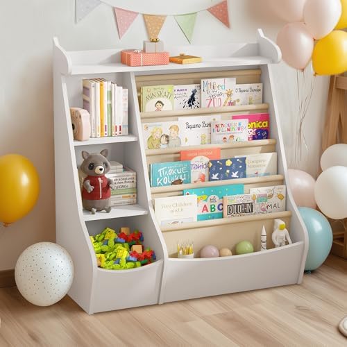 Wooden Toy Storage Organizer Cabinet – Natural Wood Kids Bookshelf, Adjustable Sling Book Rack for Playroom, Bedroom, Nursery, Hallway, and Kindergarten