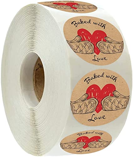 Baked with Love Labels | 500 Count | 1.5 Inch | Adhesive Baking Stickers | Bakery Bags | Candle & Soap Packaging