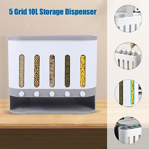 Distributeur de céréales, distributeur de riz mural à 5 grilles pour rangement de cuisine de 9 kg avec tasse à mesurer