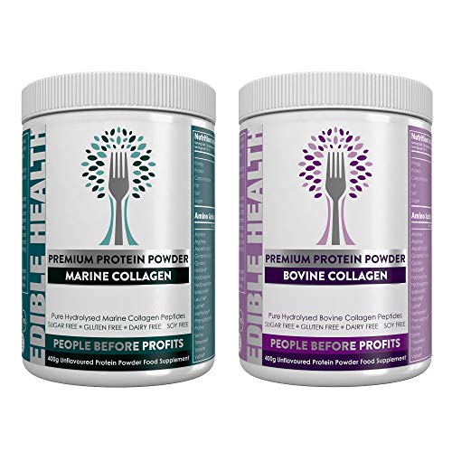 Edible Health Premium Bovine + Marine Collagen Powder Twin Pack. Pure Hydrolysed Protein Peptides from Europe. 18 Amino Acids. Paleo, Keto, Kosher, Halal. 13,000mg, 2 x 400g, Each tub Lasts 30 Days