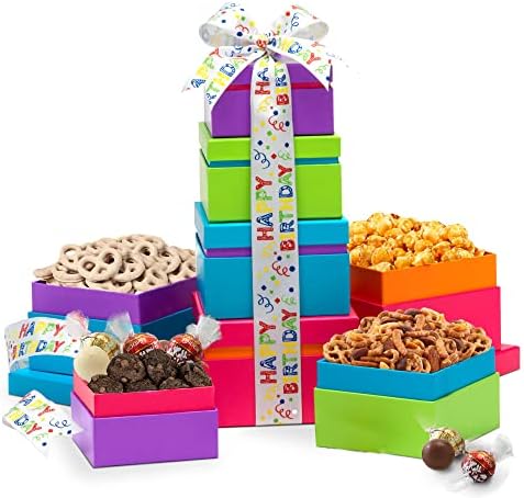 Broadway Basketeers Gourmet Chocolate Food Gift Basket Tower for Birthdays – Curated Snack Box, Sweet and Savory Treats for Parties, Best Wishes, Birthday Presents for Women, Men, Mom, Dad, Her, Him, Families