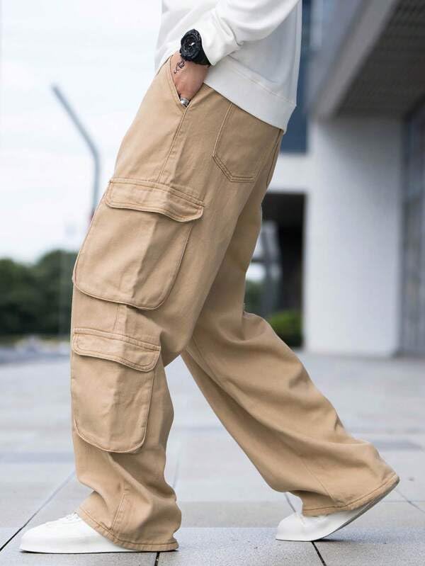 Image of Men's 8 Pocket Cargo Pants | Premium Cotton Twill Baggy Fit Trousers | Stretchable Casual Streetwear Cargos | Mid Rise
