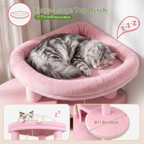 Image of Globlazer 66in Pink Corner Cat Tree Tower for Indoor Large Cats, C66, Pink | Space-Saving Stable Cute Cat Tower with 6 Scratching Posts, 2 Large Fan-shaped Condos & Top Perch, Hammock, Climbing Steps