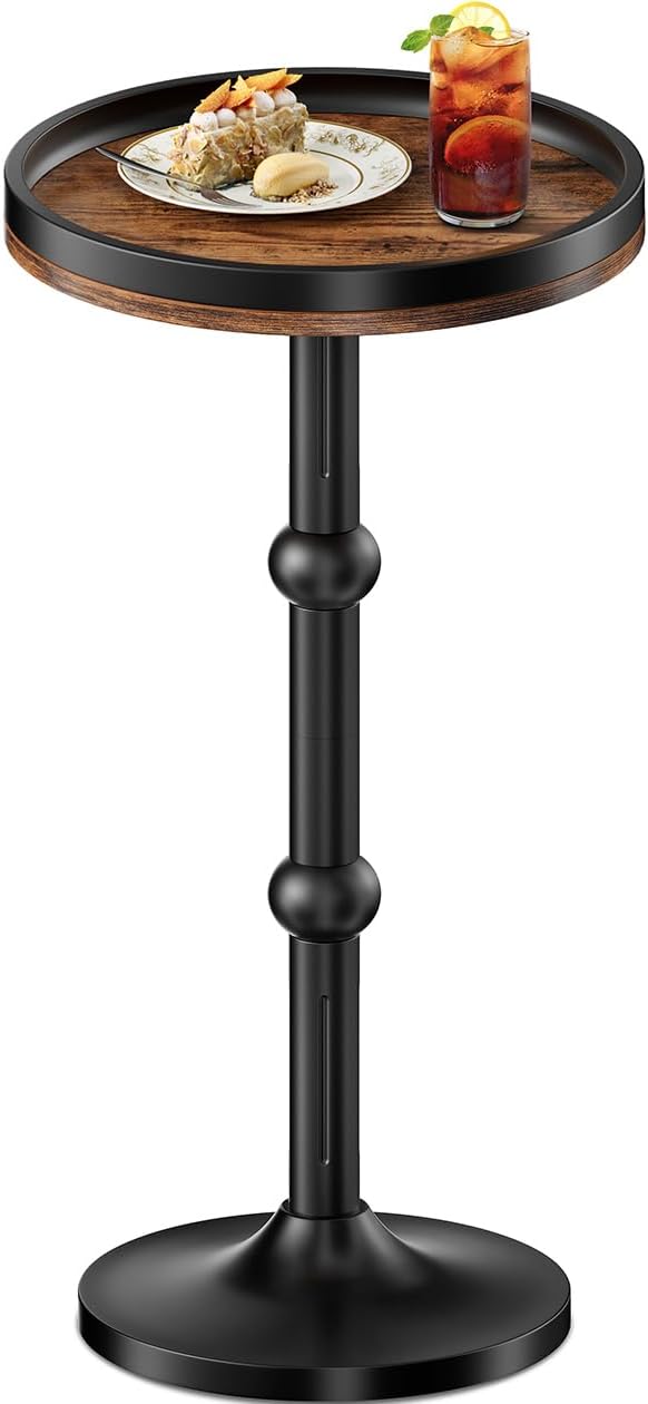 small round side table, coffee drink table for small spaces, modern night stand with metal leg, weighted iron base pedestal round end tables for living room, bedroom, narrow corners,sofa couch rustic brown iron base