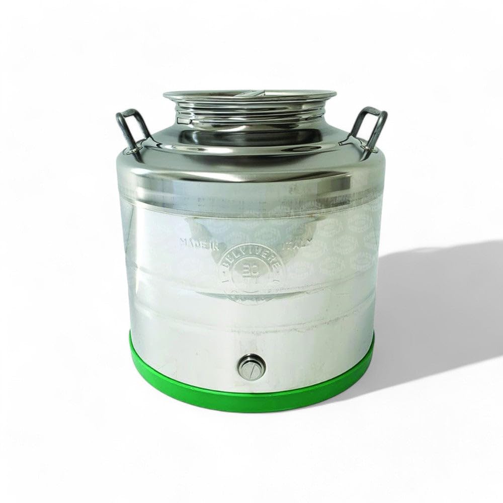 Briconess.com Fusto acciaio inox per olio con maniglie fondo a pentola tappo a vite attacco rubinetto protezione plastica - 30 lt