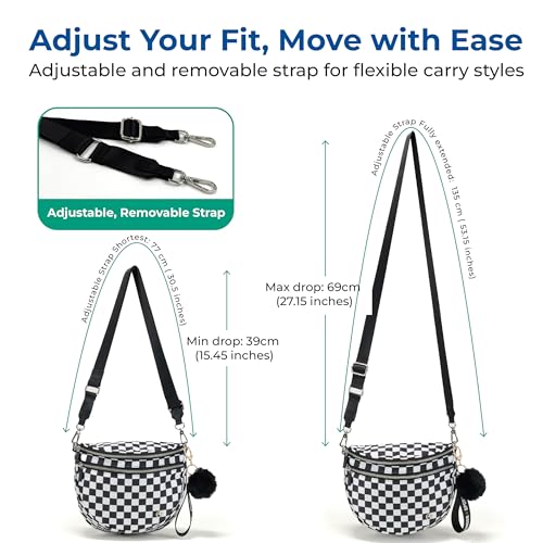 Image of Pander Crossbody Bum Bag for Women, Everyday Nylon Shoulder Bag with Pompom Keychain Wristlet Bag Charm, Adjustable Strap