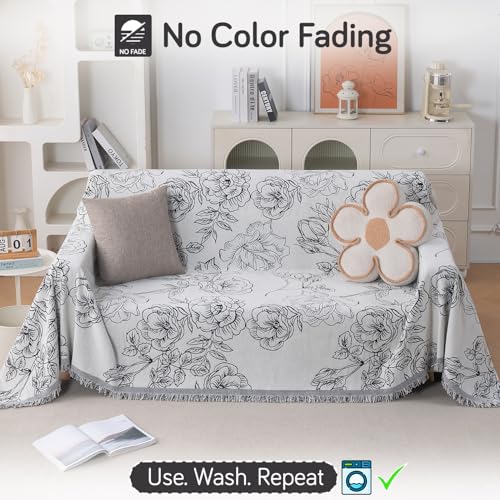 Image of HOKIPO Premium Chenille Printed Sofa Cover Throw Blanket 320 GSM for 3 Seater - All Season Use, 'Serene Abode Series' White Rose Garden (180x310 cm) (AR-6633-D1)