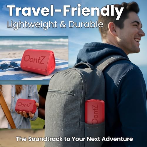 Image of OontZ Angle Solo Compact Bluetooth Speaker, 14-Hour Playtime, Red | Compact 5W Bluetooth speaker with clear sound, 100-ft range, IPX5, mic, AUX Input and USB-C Charging Cable.