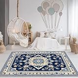 Antideslizante Alfombra Arte Lineal Floral Ornamentado Chino Estampado Alfombra Interior - Azul Claro Lavable a Máquina Duradera Transpirable para Salón Entrada Comedor Pasillo, 120 x 160cm