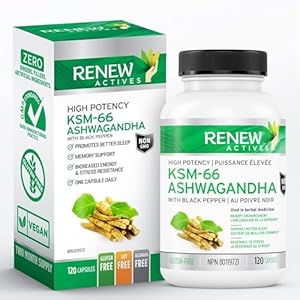 Renew Actives Ashwagandha KSM 66 Supplement with Black Pepper for Superior Absorption – Focus & Mood Support to Increase Energy & Sleep Aid – 120 Capsules