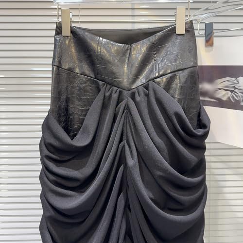 Women's PU Leather Patchwork Pleated Maxi Skirt Mesh Tulle Split Elegant High Waisted Casual Pencil Skirt4