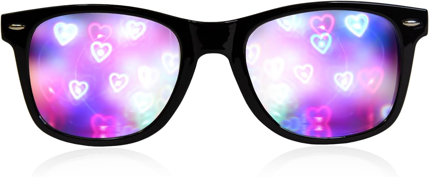 Heart Effect Diffraction Glasses - See Hearts! - Special Effect Rave EDM Festival Light Changing Eyewear Black Size: 2020 Model