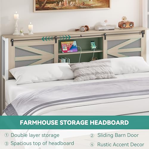 YITAHOME Farmhouse Queen Size Bed Frame with Headboard, Bookcase Storage Shelves, Sliding Grid Barn Door, Charging Station, Rustic Wood Platform Bed, No Box Spring Needed, Oak