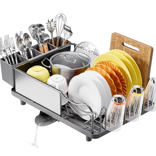 Dish Drainer Rack, Stainless Steel Dish Rack, Draining Board Rack with Anti-Rust Frame, Optional 2 Direction Spout Sink Drain Board Design, Removable Large Utensil Holder for Kitchen, Grey