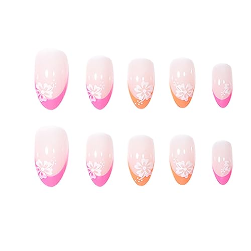 Miniatura 3 de Uñas postizas a presión con punta francesa, uñas postizas cortas de almendra, uñas postizas de flores de cobertura completa con diseños, punta de
