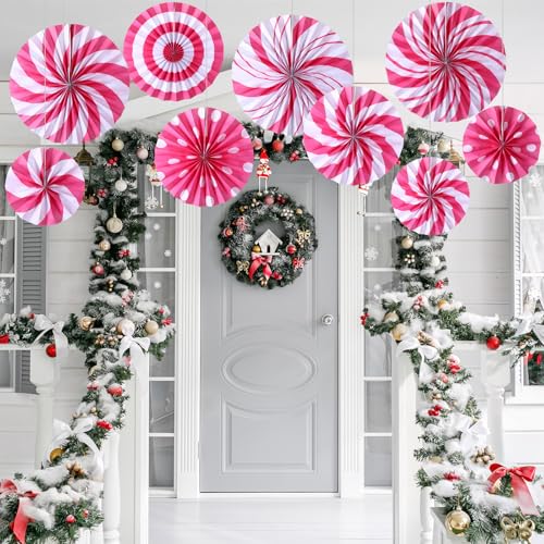 Image of Outus 9 Pcs Christmas Hanging Decorations Peppermint Paper Fans Pink