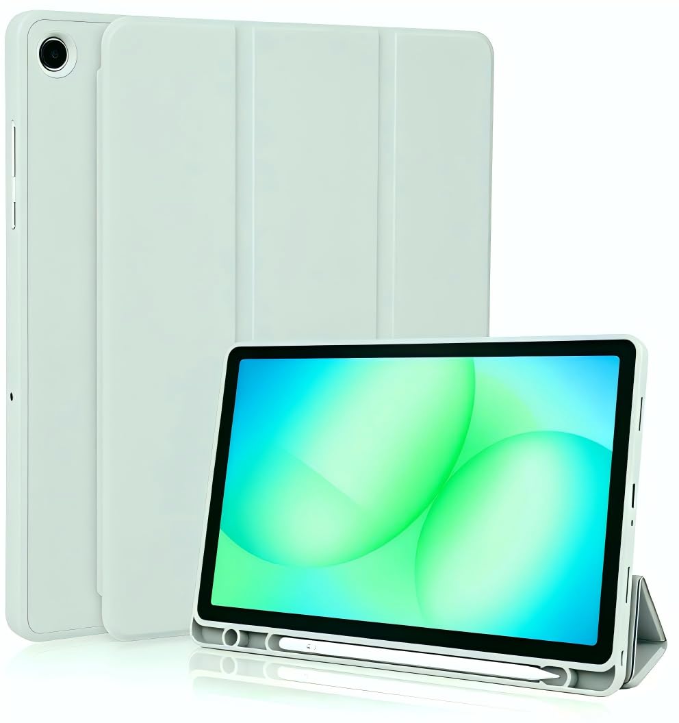 Custodia Cover per Samsung Galaxy Tab A11+ Plus 11 Pollici 2025 / Tab A9+ Plus 2023 con Portapenne, Custodia Smart con Supporto a Tre Pieghe, Retro in Morbido TPU, Auto Sveglia/Sonno (Verde chiaro)