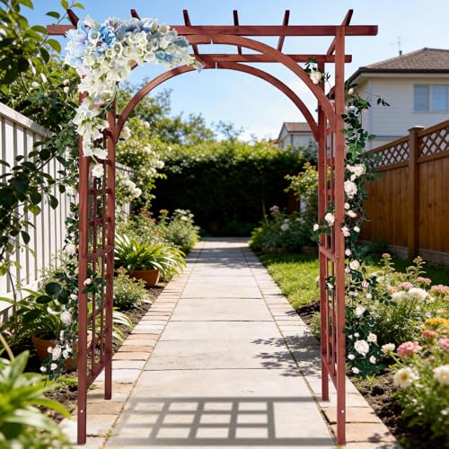 Garvee Arche de Jardin Robuste en Bois pour Plantes grimpantes – Treillis décoratif pour Mariage, terrasse, pelouse, Jardin – Finition Teck – Sommets...