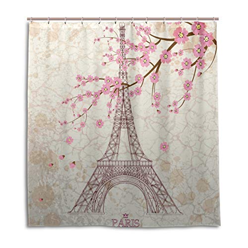 BIGJOKE Rideau de Douche, Paris Tour Eiffel Prunier résistant aux moisissures imperméable à l'eau Tissu de Polyester Rideau de Salle de Bain 12 Crochets 167,6 x 182,9 cm Home Decor