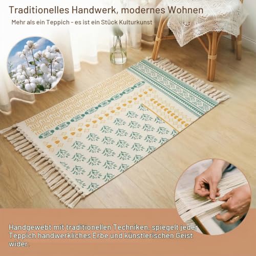 Boho Teppich klein 58 x 88 cm, Baumwolle Teppich Waschbar mit Quasten, Schmaler kleiner Baumwollteppich für Wohnzimmer Schlafzimmer Flur… – Ansicht 3