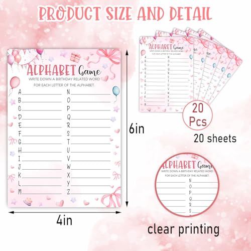 Image of Pink Slumber Party Games Card - Coquette Pink Bow Themed Sleepover Slumber Party Supplies- Sleepover Stuff- Birthday Night Games Creative Idea -Alphabet Game- 20 Game Cards