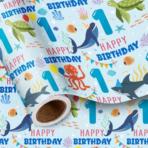 LeZakaa 1st Birthday Wrapping Paper Roll for Baby Boys, Sea Animals Age1 Ocean Shark Turtle Seaweed Design Gift Wrap for Toddlers, First Birthday Party, Mini Roll 17 In x 16.4 Feet