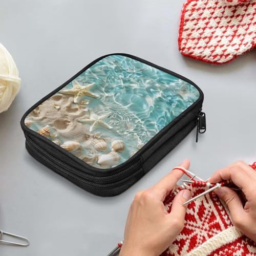 Image of Crochet Hook Case Beach Starfish Crochet Hook Holder Portable Crochet Hook Storage Bag with Web Pockets Suitable for Crochet Needles /Knitting Accessories