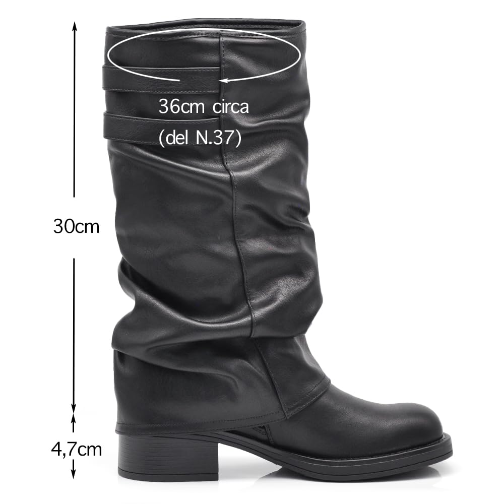 IF Stivali al Ginocchio Donna in Ecopelle Nera con Fibbia Laterale Stile Retro Robin, Design Arricciato Tacco Basso Comodo MP730-1