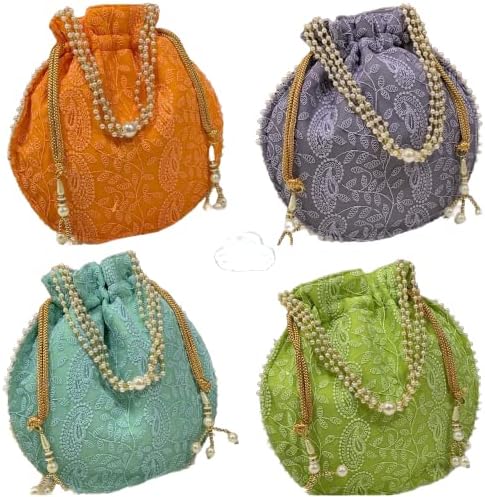 Prisma CollectionPrisma Collection Rajasthani Style Royal Clutch Silk Batwa Bag Wristlets Ethnic Potli for Women's Zari Work Potli Bridal Potli (Pack of 3) Color as per Available